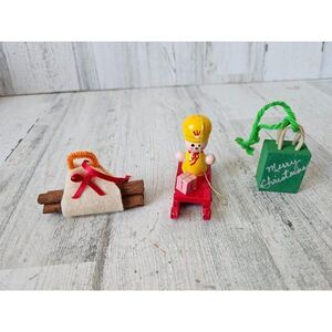 Vintage wooden sled present fire camper ornament set Xmas tree present